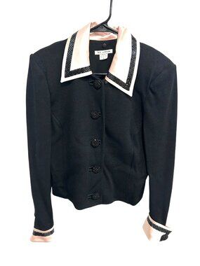 St. John 10 Black Knit Jacket Pink Satin Trim Beaded Buttons Old Money Heritage